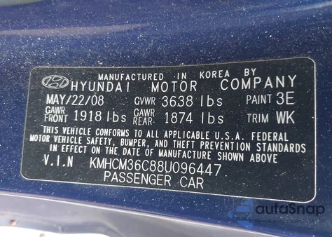 2008 Hyundai Accent Gs from USA, damaged, VIN KMHCM36C88U096447